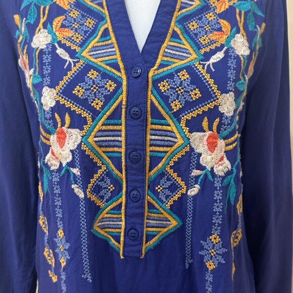 ANTHROPOLOGIE LUNA MOON Floral Embroidered Boho Tunic Royal Blue Sz S - Picture 4 of 14